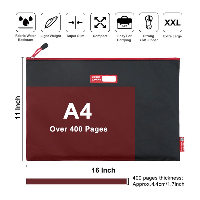 RE ROUGH ENOUGH Rough Enough Important Document Storage Plastic File Folder Organizer Bag with Zipper 16 x 11 Inches Black Tarpaulin Water Repellent for Travel Office - Image 2